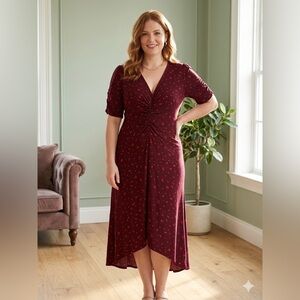 V-Neck Ruched Midi Dress in Burgundy Flower Print